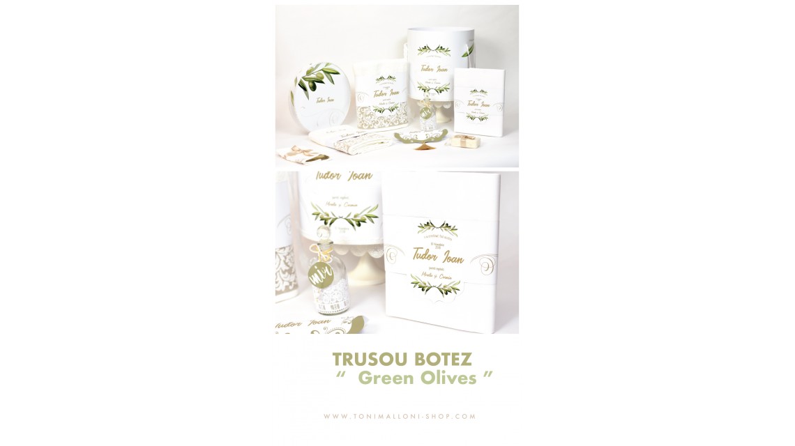 Trusou botez pentru baieti in alb si verde, tematica maslinul, Olives 5